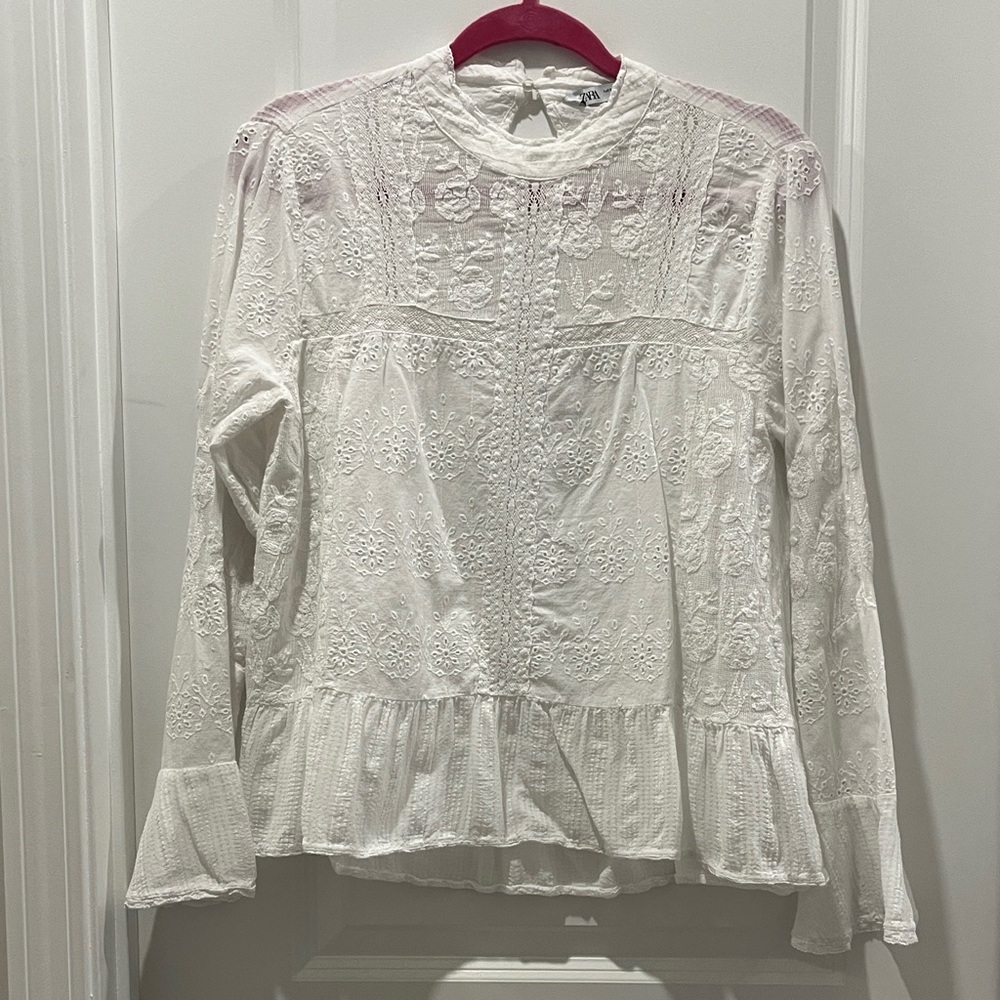 Zara White Eyelet Lace Peplum Long-Sleeve Blouse